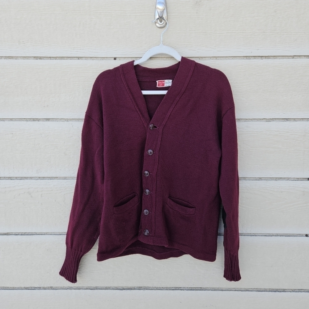 vintage Milwaukee Knit virgin wool sweater burgundy with black elbow patches